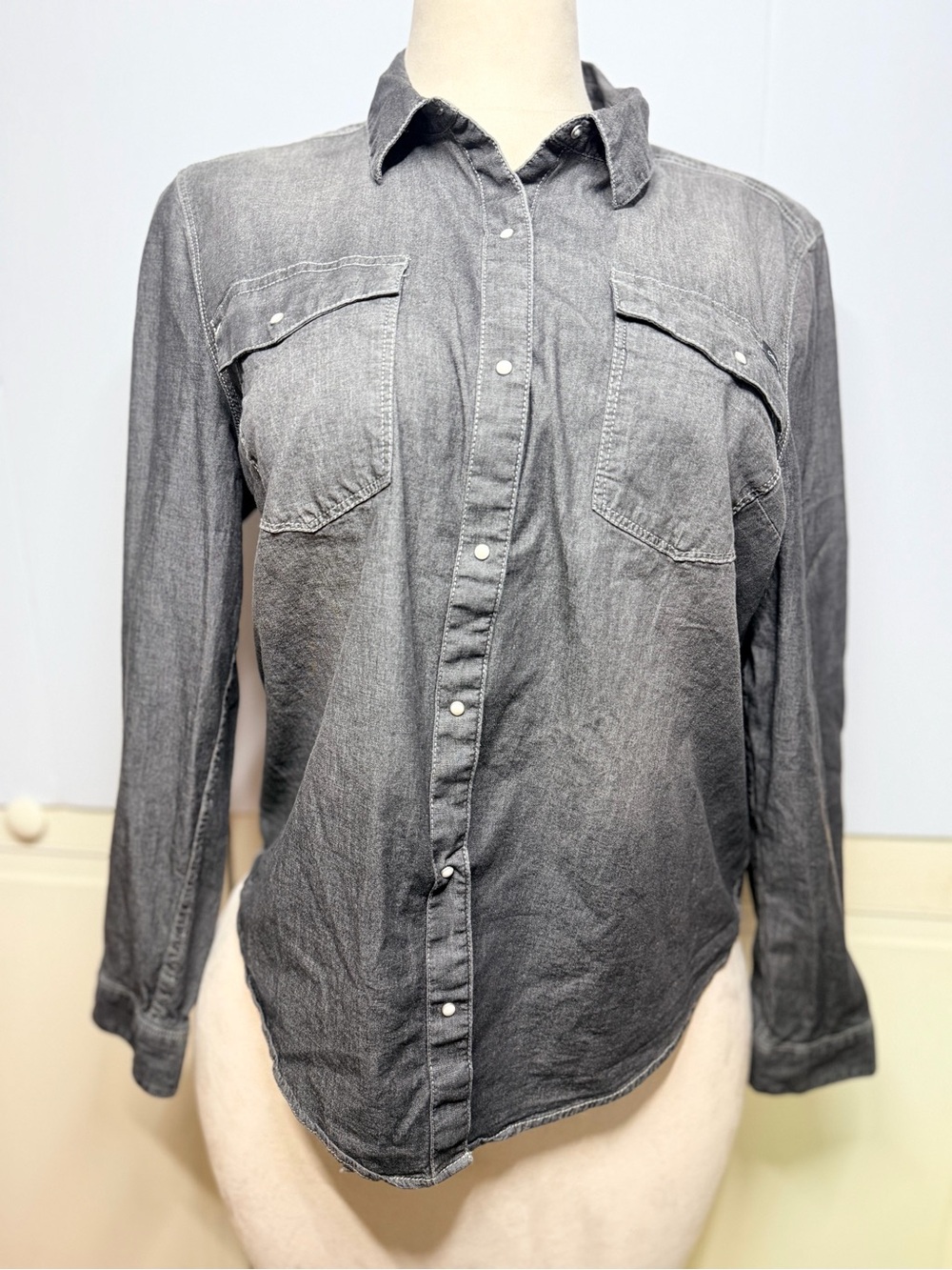 Calvin Klein Jeans XL Charcoal Pearl Snap Western Denim Shirt Whymsgoth Unisex